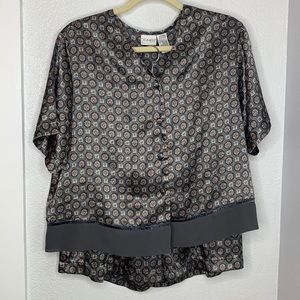 Delicates grey silky satin pajamas 2 piece short sleeve button up shirt & shorts